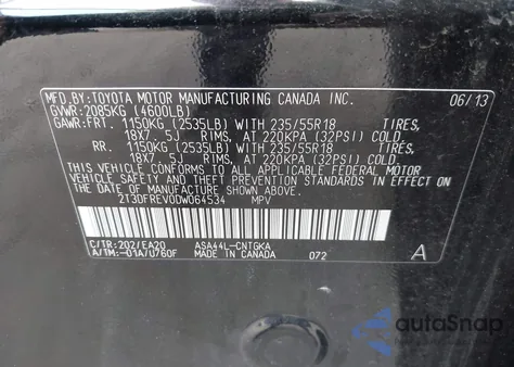 2013 Toyota Rav4 Limited из США, поврежденный, VIN 2T3DFREV0DW064534